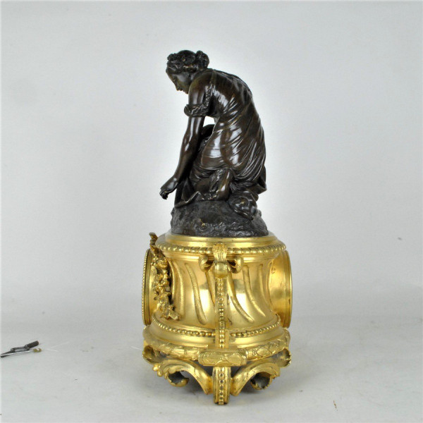 Bronze Clock, Woman With Flowers, Schenewerk, 19th century