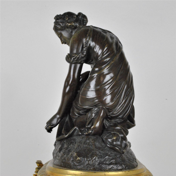 Bronze Clock, Woman With Flowers, Schenewerk, 19th century