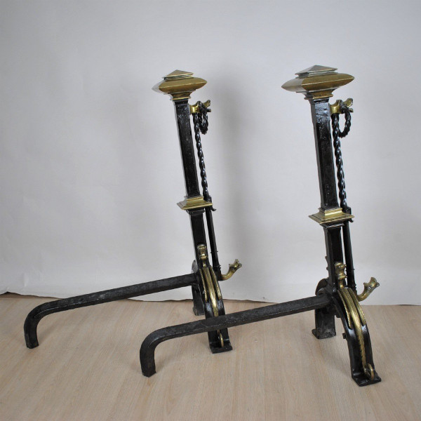 Pair Of Bronze And Iron Andirons, Gothic Style, 19th Century