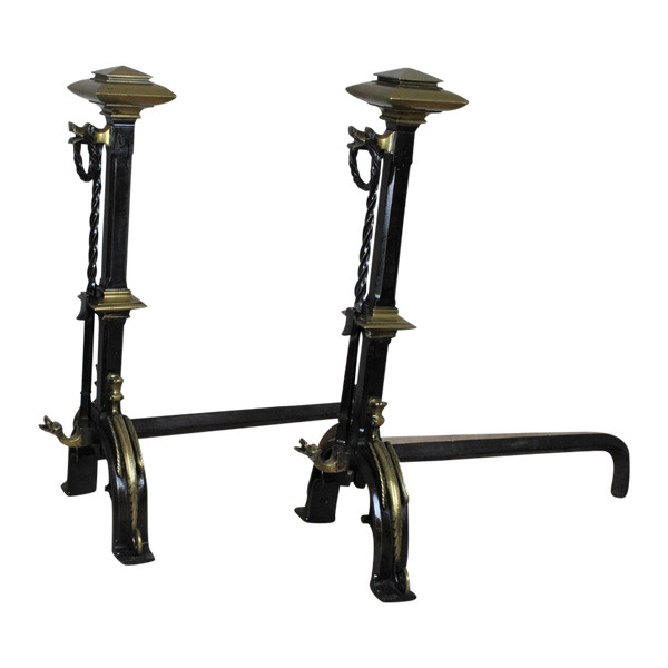 Pair Of Bronze And Iron Andirons, Gothic Style, 19th Century