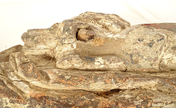 Große religiöse Statue aus polychromem Holz geschnitzter Saint-Roch-Hund aus dem 16. Jahrhundert