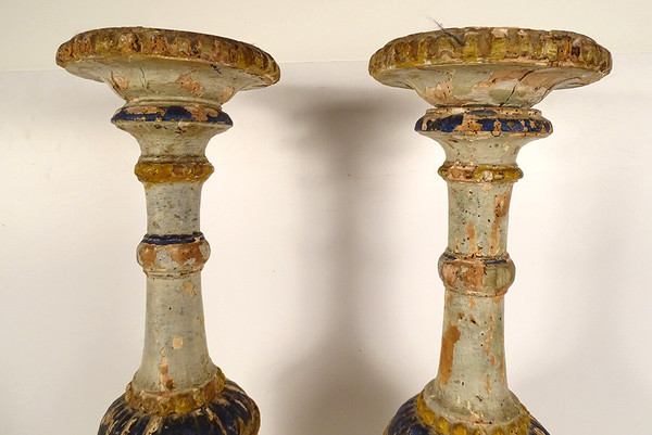 Pair of large polychrome carved wooden candlesticks 16th and 17th century candlesticks