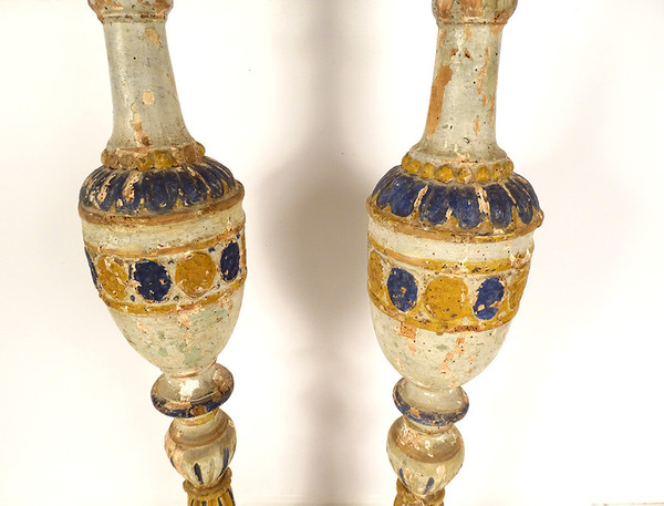 Pair of large polychrome carved wooden candlesticks 16th and 17th century candlesticks