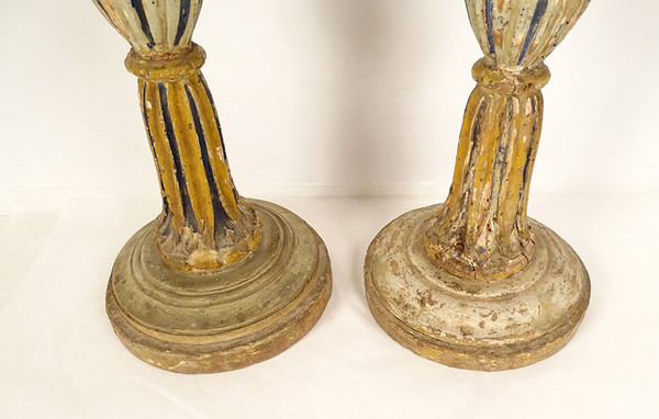 Pair of large polychrome carved wooden candlesticks 16th and 17th century candlesticks