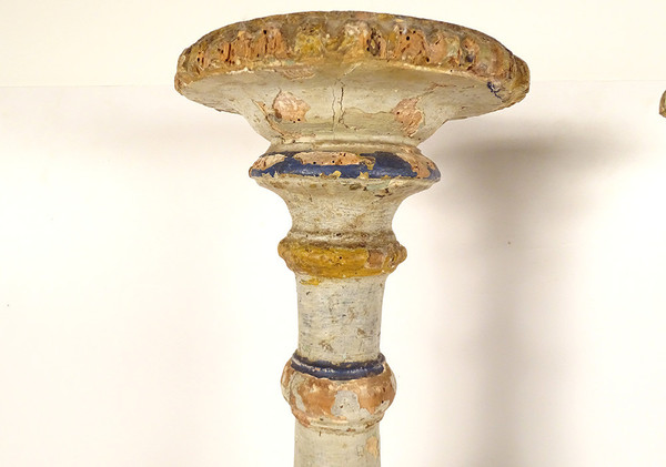 Pair of large polychrome carved wooden candlesticks 16th and 17th century candlesticks