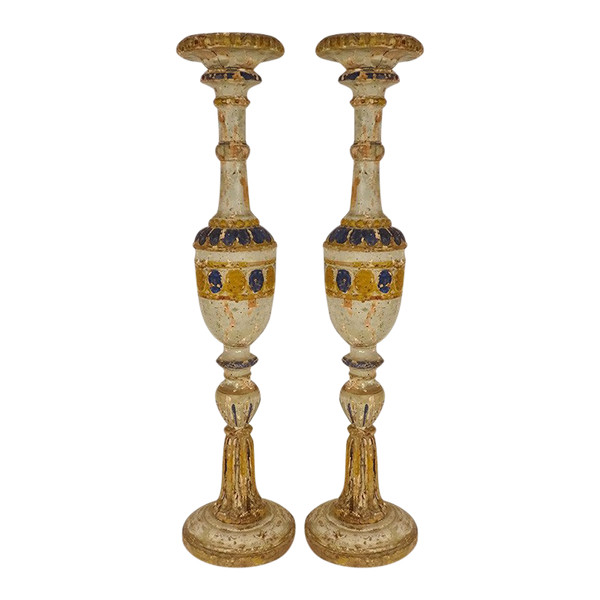 Pair of large polychrome carved wooden candlesticks 16th and 17th century candlesticks