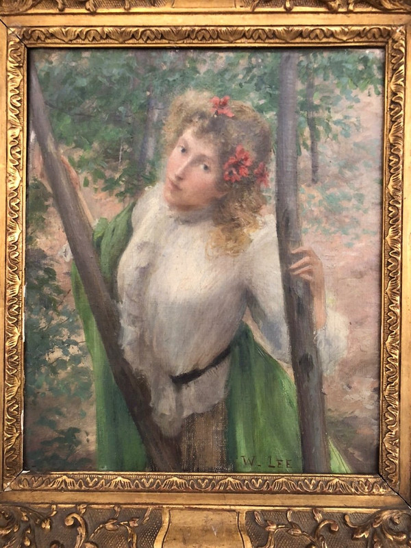 William Lee (1810-1865) Öl auf Leinwand – Frau mit blonden Haaren und Mohnblumen