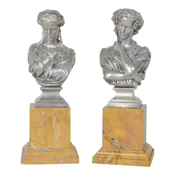 Clesinger / Collas, Pair Of Busts In Silvered Bronze, 19th Century