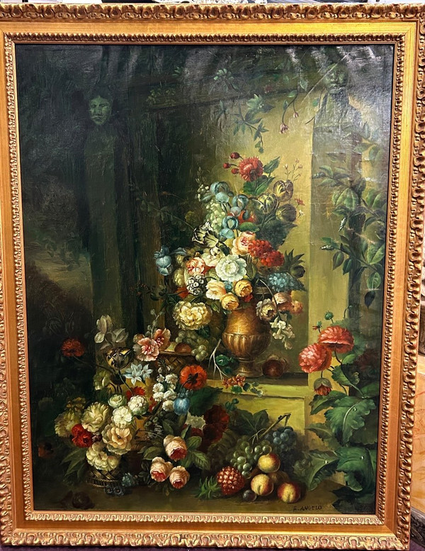 F Angelo - Important Still Life With Flowers And Fruits 19th Century H 131 Cm