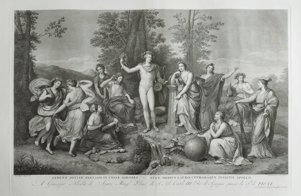 Etching Mythological Engraving Apollo And The Muses On Parnassus 19th C Old Print