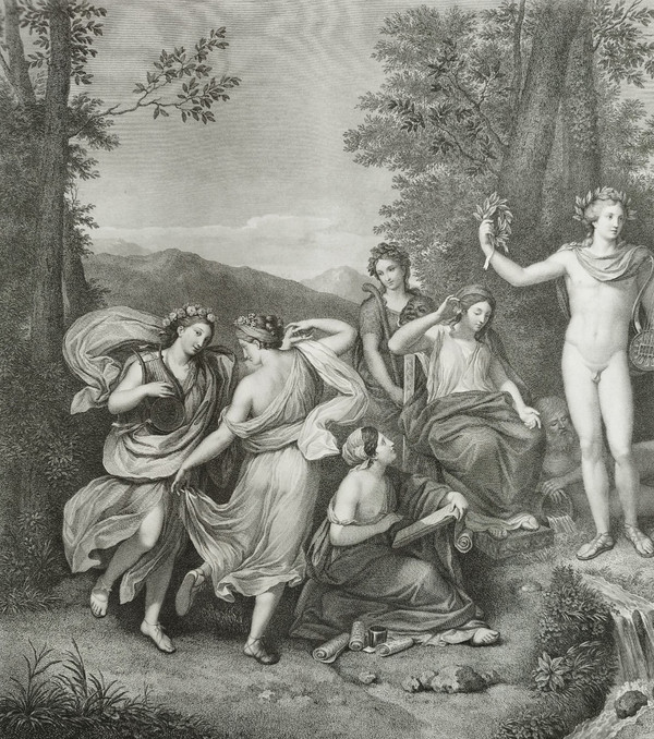 Etching Mythological Engraving Apollo And The Muses On Parnassus 19th C Old Print