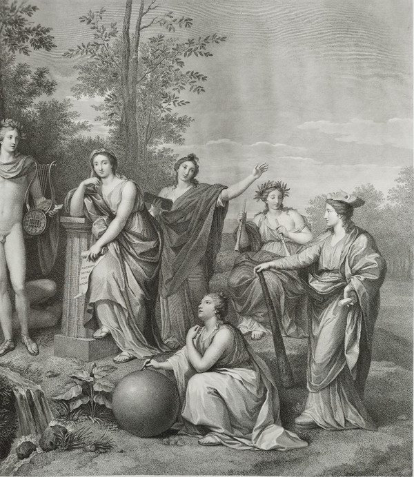 Etching Mythological Engraving Apollo And The Muses On Parnassus 19th C Old Print