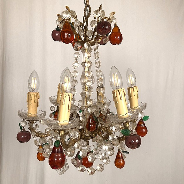 Gilt bronze chandelier, crystal pendants and colored glass pendants in the shape of fruits, late 19th century