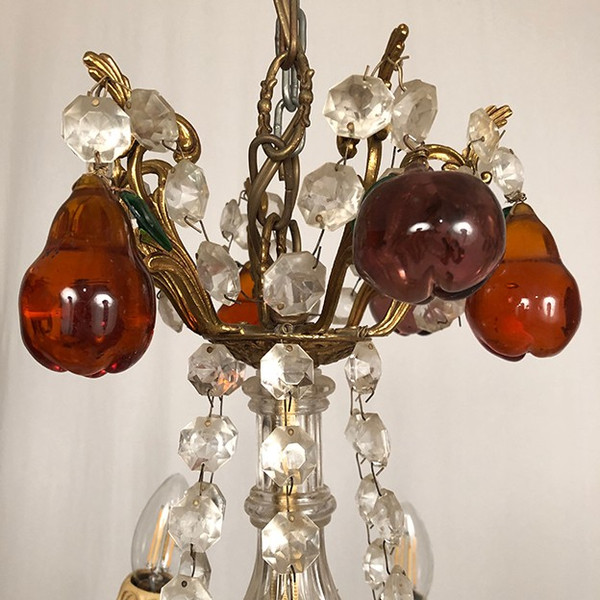 Gilt bronze chandelier, crystal pendants and colored glass pendants in the shape of fruits, late 19th century