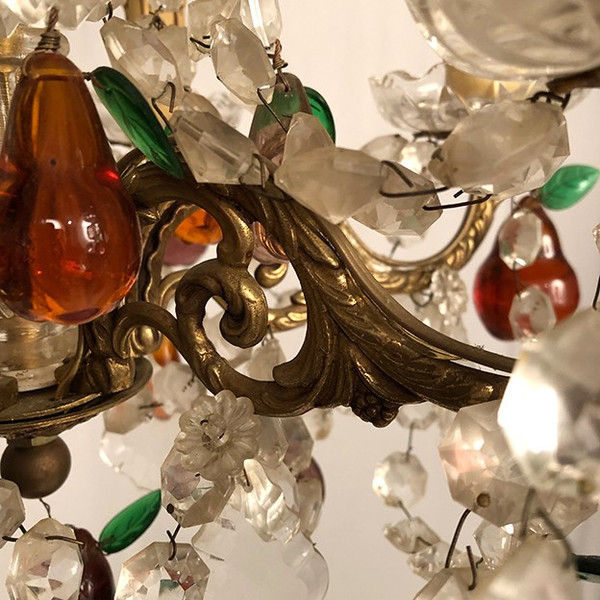 Gilt bronze chandelier, crystal pendants and colored glass pendants in the shape of fruits, late 19th century