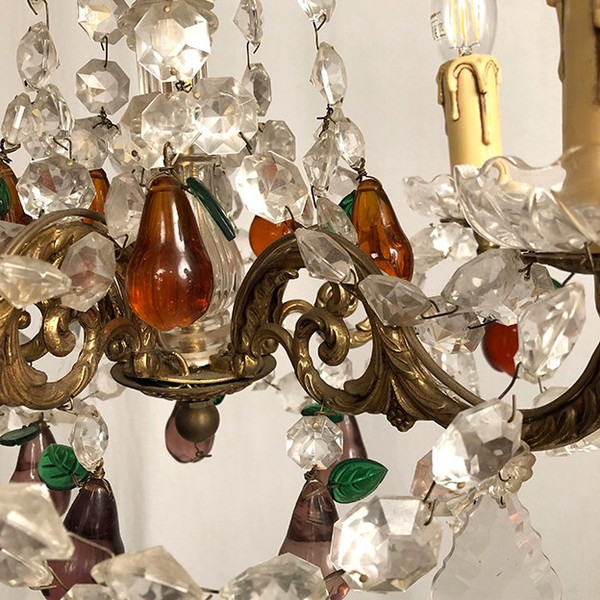 Gilt bronze chandelier, crystal pendants and colored glass pendants in the shape of fruits, late 19th century