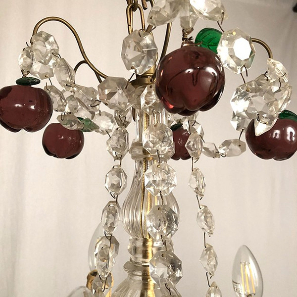 Gilt bronze chandelier, crystal pendants and colored glass pendants in the shape of fruits, late 19th century