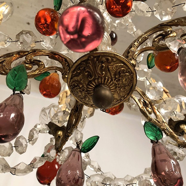 Gilt bronze chandelier, crystal pendants and colored glass pendants in the shape of fruits, late 19th century