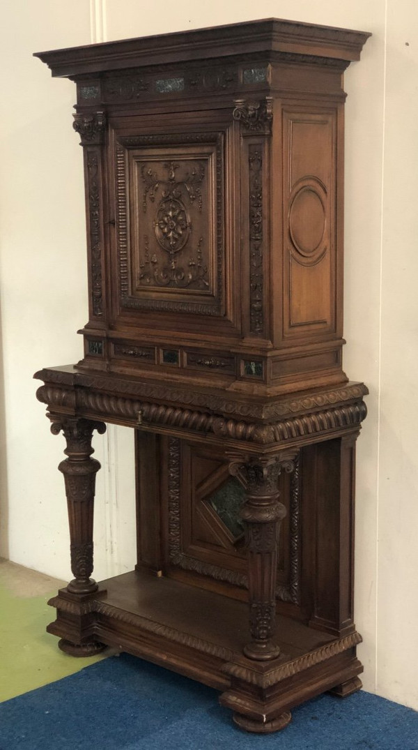 Credenza - buffet - Neo-Renaissance cabinet in Walnut inlaid with Marble, 19th century