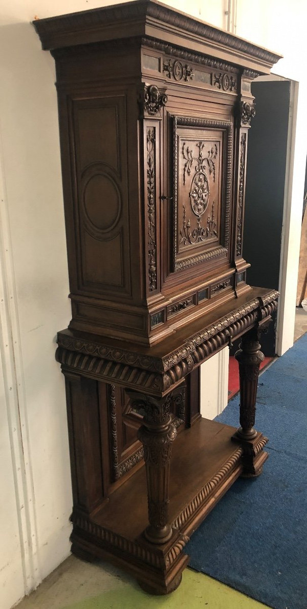 Credenza - buffet - Neo-Renaissance cabinet in Walnut inlaid with Marble, 19th century