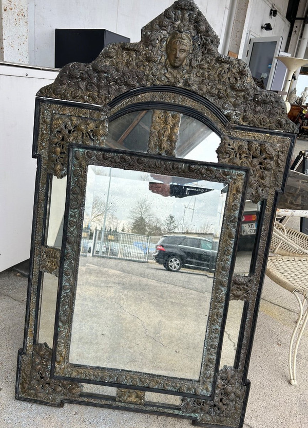 Miroir En Laiton Et Bois Noirci De Style Louis XIII Vers 1880 H : 149 Cm