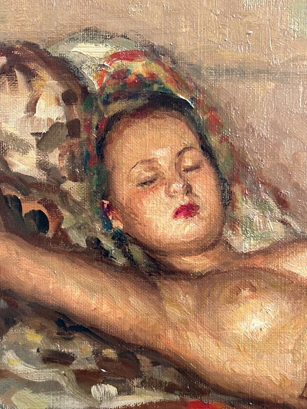 Fernand Majorel ( 1898-1965) Jeune Femme Nue Endormie - Oil on Orientalist Canvas