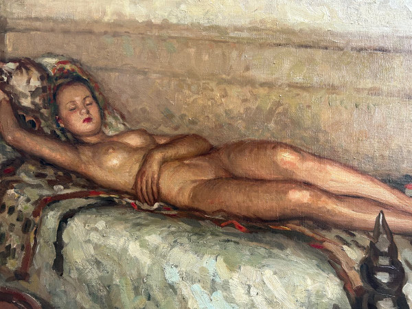 Fernand Majorel ( 1898-1965) Jeune Femme Nue Endormie - Oil on Orientalist Canvas