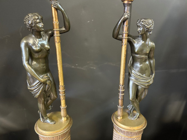 Pair Of Bronze Antique Women Candlesticks Empire Period - Early 19th Century