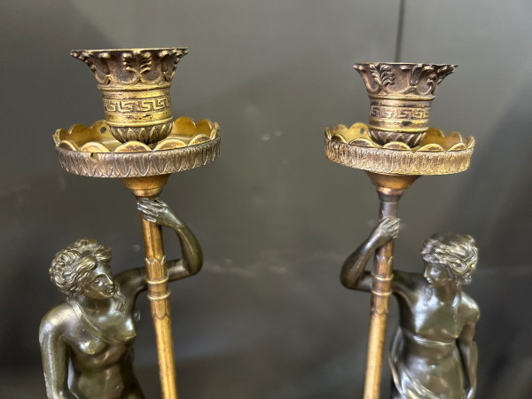 Pair Of Bronze Antique Women Candlesticks Empire Period - Early 19th Century