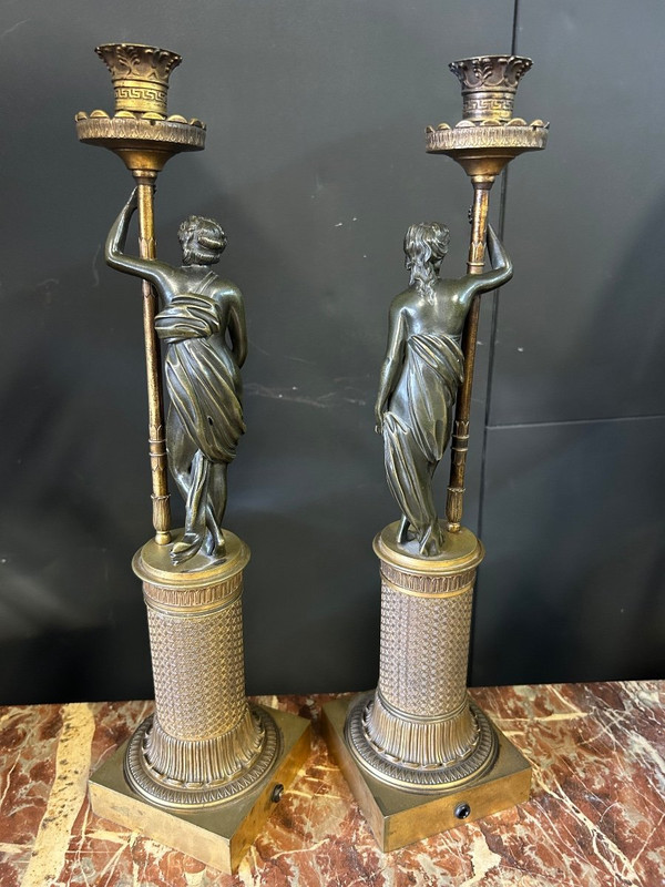 Pair Of Bronze Antique Women Candlesticks Empire Period - Early 19th Century