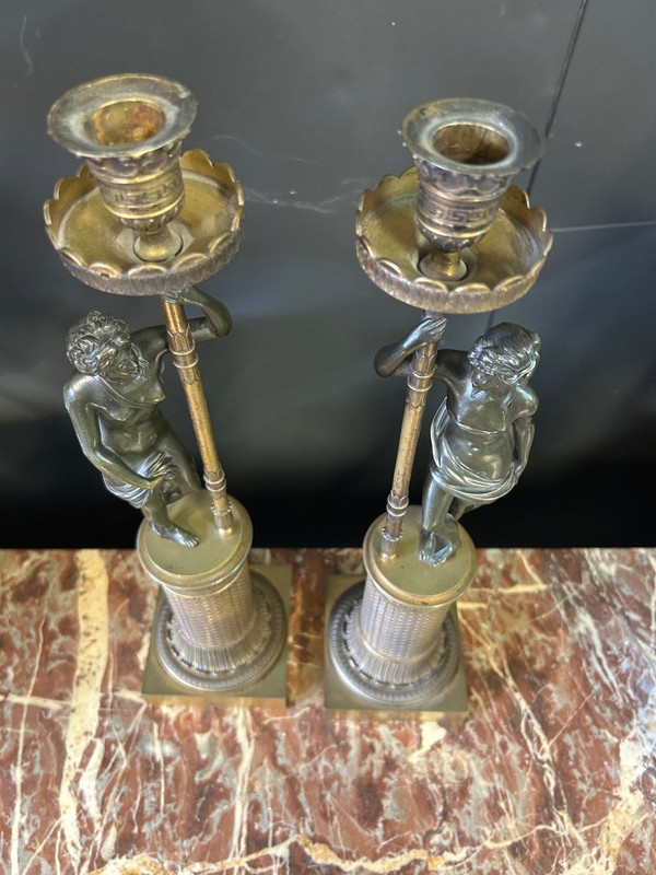 Pair Of Bronze Antique Women Candlesticks Empire Period - Early 19th Century