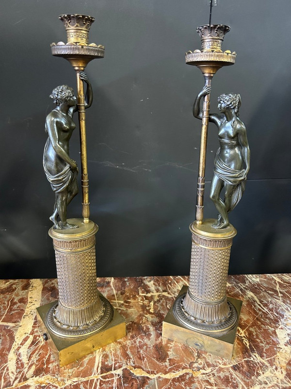 Pair Of Bronze Antique Women Candlesticks Empire Period - Early 19th Century