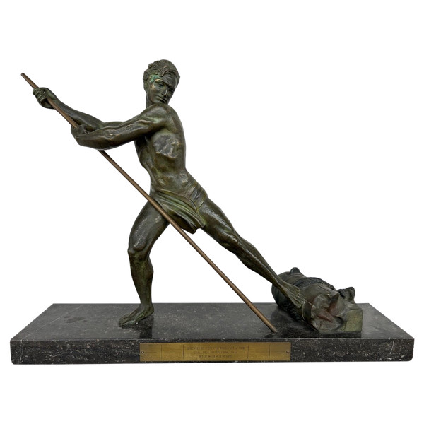 Große Art-Deco-Bronze „La Force“, unsigniert, H 59 x L 75 cm