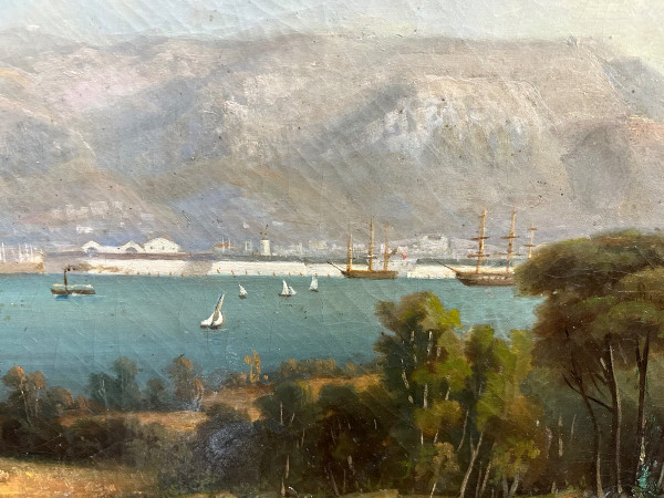 Veduta del porto di Tolone 1840-50 circa - Olio su tela di scuola francese del XIX secolo