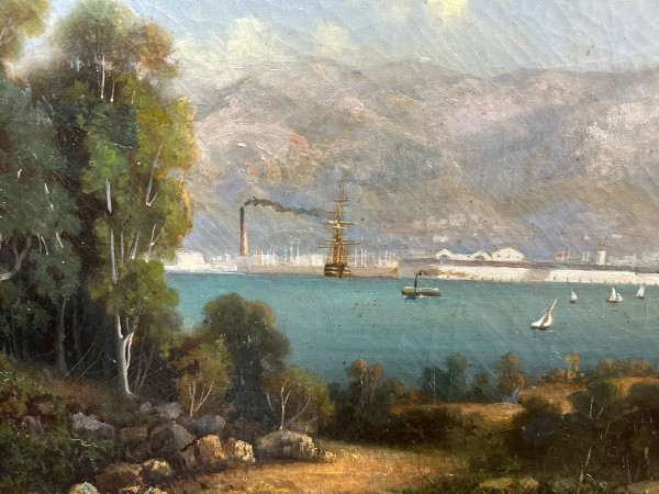 Veduta del porto di Tolone 1840-50 circa - Olio su tela di scuola francese del XIX secolo