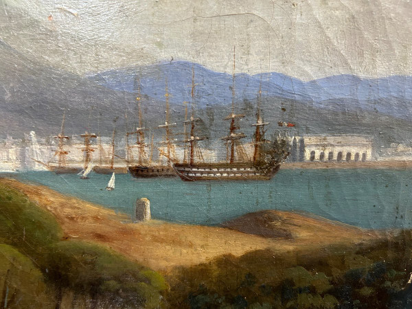 Veduta del porto di Tolone 1840-50 circa - Olio su tela di scuola francese del XIX secolo