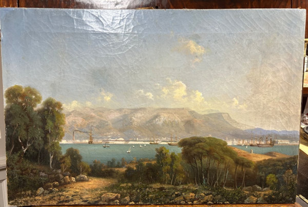 Veduta del porto di Tolone 1840-50 circa - Olio su tela di scuola francese del XIX secolo