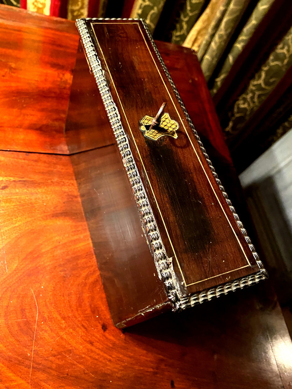 Beautiful Louis Philippe period travel writing desk in ebony, rosewood with inlays