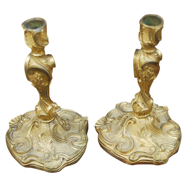 Pair Of Bronze Candlesticks After Meissonnier In Louis XV Style