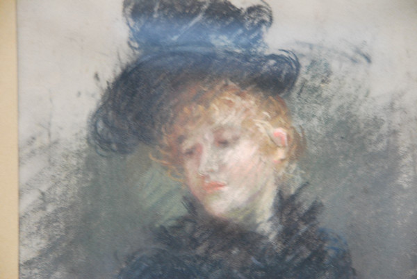 Elegant Pastel Au Chapeau, Signed De Huillard