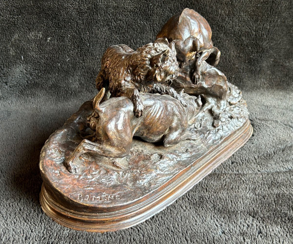 Pierre Jules Mène (1810-1879) "Three Dogs In The Terrier" Old Edition Bronze