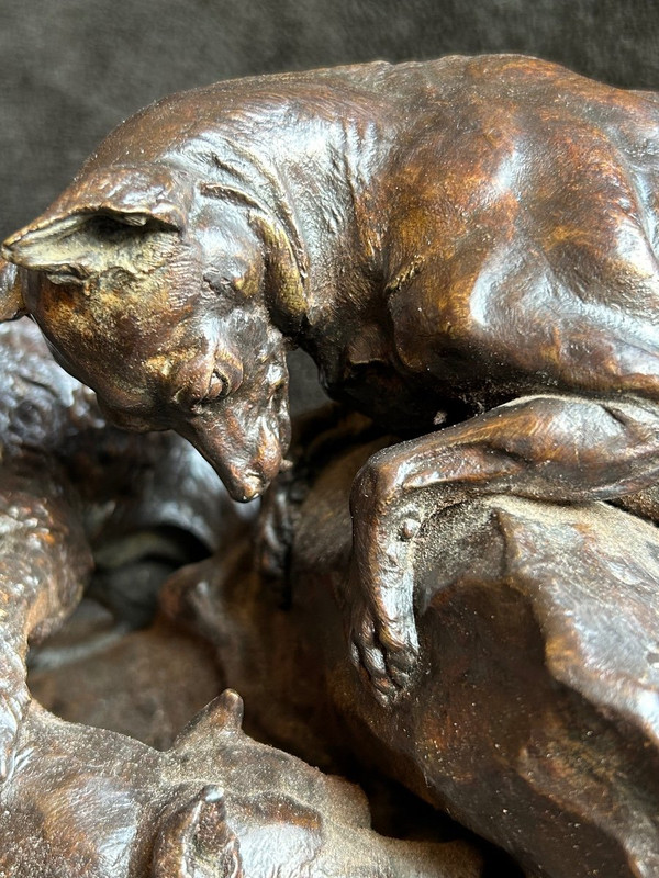 Pierre Jules Mène (1810-1879) "Three Dogs In The Terrier" Old Edition Bronze