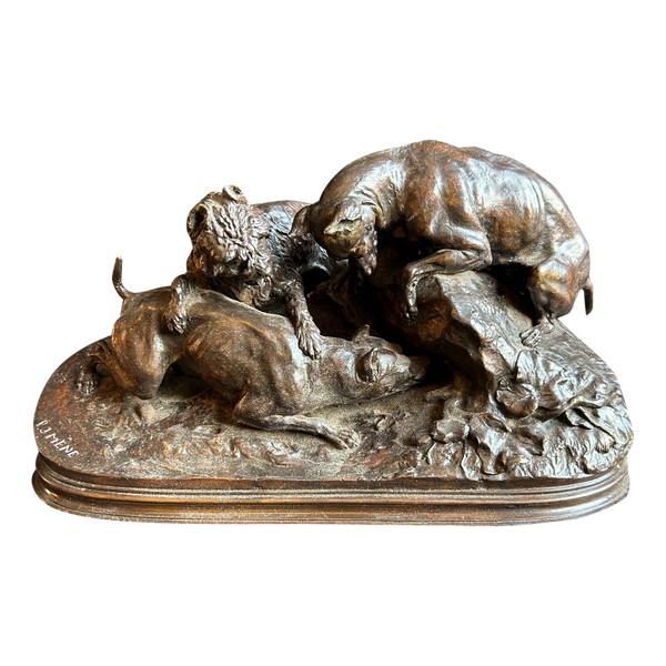 Pierre Jules Mène (1810-1879) "Three Dogs In The Terrier" Old Edition Bronze