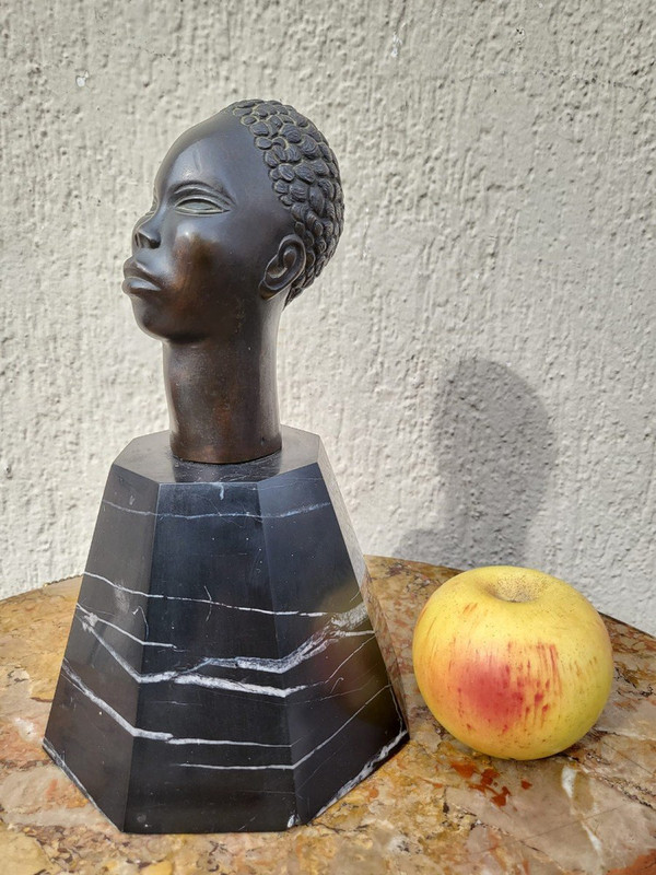 Bronze Sculpture, African Head, On Base, 20th Century