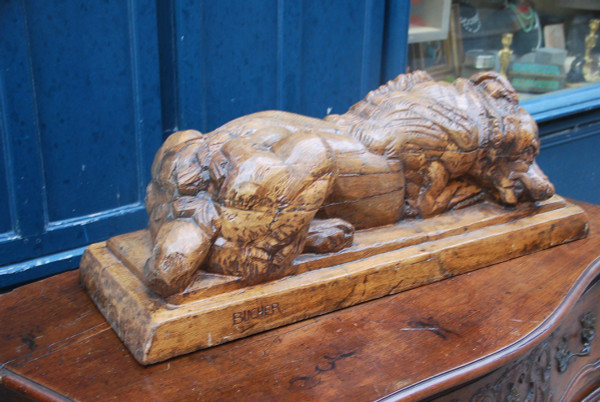 Large Wooden Sculpture Representing A Dog Signed De Bucher