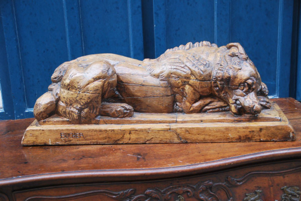 Large Wooden Sculpture Representing A Dog Signed De Bucher