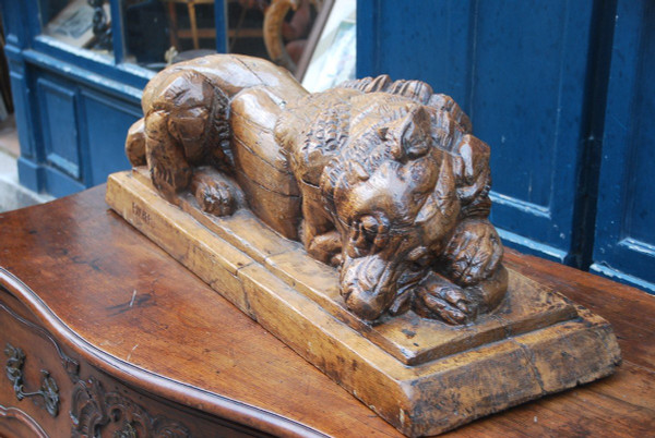 Large Wooden Sculpture Representing A Dog Signed De Bucher