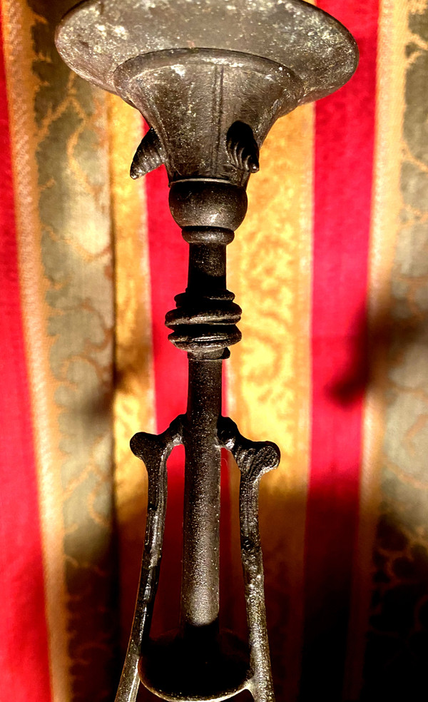  Decorative Pair of patinated cast iron candlesticks with antique Napoleon III Carrara black marble base