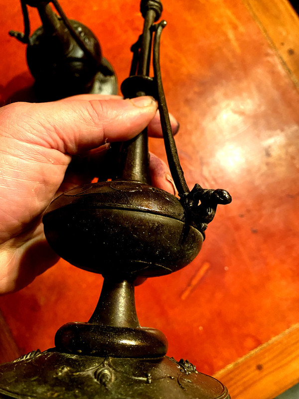  Decorative Pair of patinated cast iron candlesticks with antique Napoleon III Carrara black marble base