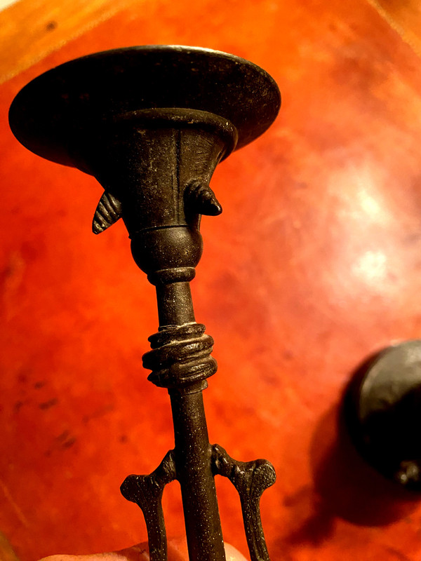  Decorative Pair of patinated cast iron candlesticks with antique Napoleon III Carrara black marble base